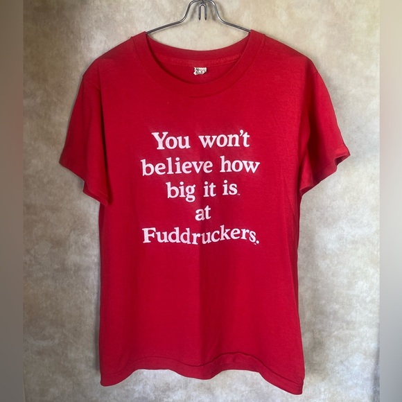Vintage 80s Screen Stars Tee Vibrant Red Fuddruckers Restaurant Uniform Tee - Picture 1 of 5